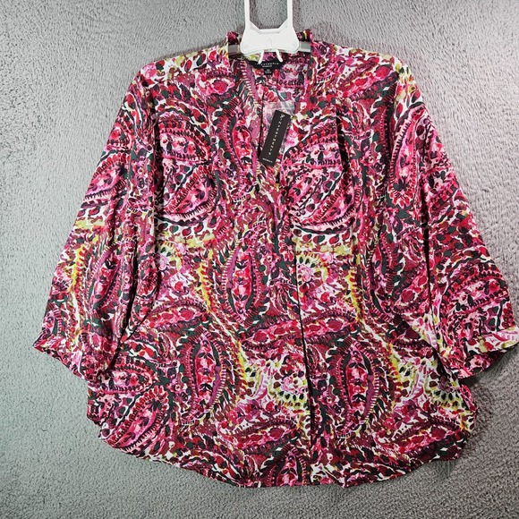 Investments Tops - NEW Investments Shirt Top Women 2X Caroline Hidden Button Paisley Red Pink White